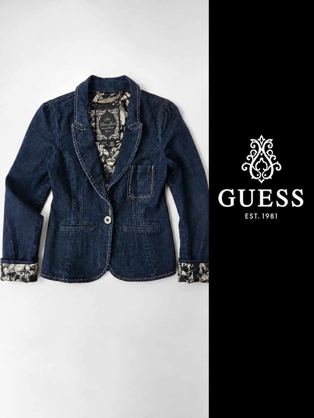 Guess Jeans Women’s M Denim Blazer Stretch Dark Wash Jean Jacket Printed Lining